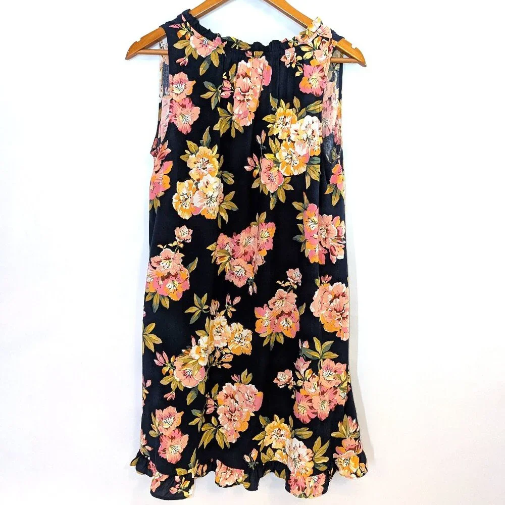LOFT | Ruffle Floral Split Neck Sleeveless Mini Dress in Navy Blue Multi | Small - Picture 8 of 11